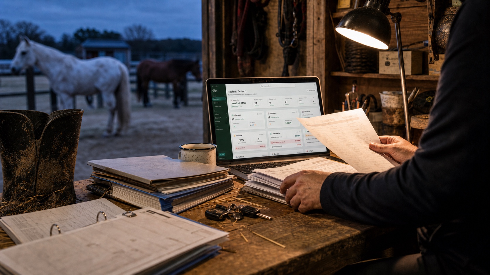 Bureau d'une pension equine au crepuscule avec dossiers administratifs, ordinateur portable affichant le logiciel et chevaux visibles dehors