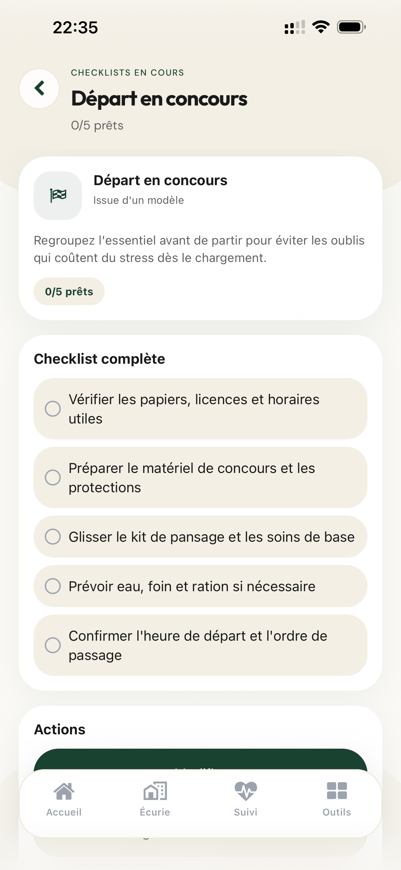 Écran checklist de Glys Companion