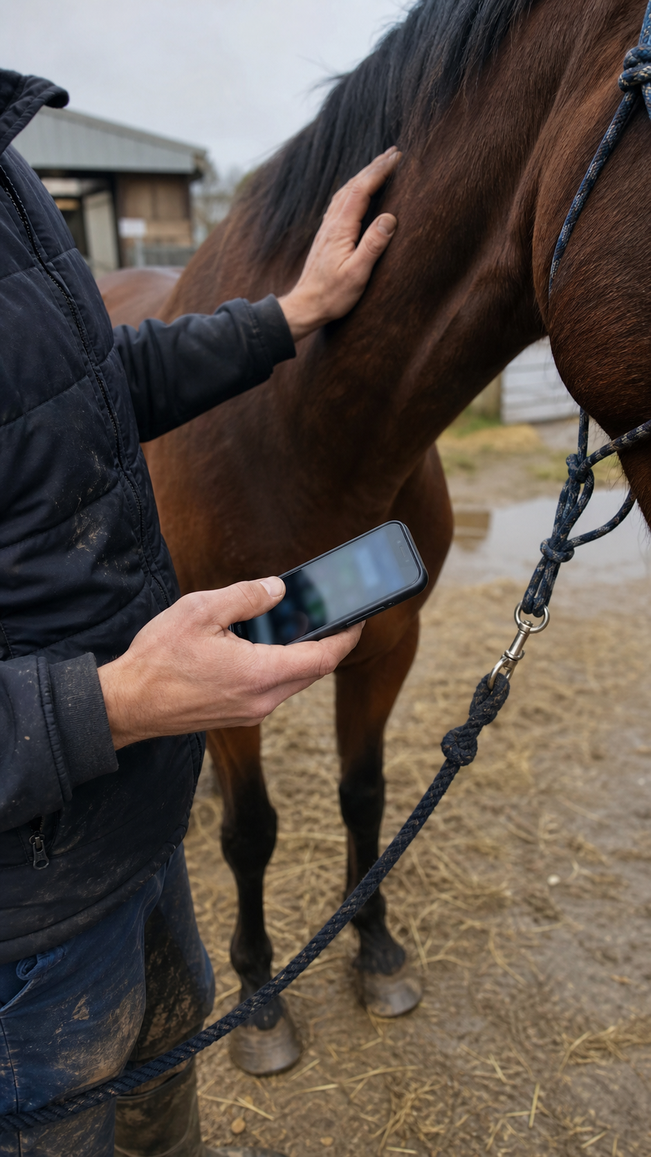 Personne de terrain utilisant Glys auprès d’un cheval