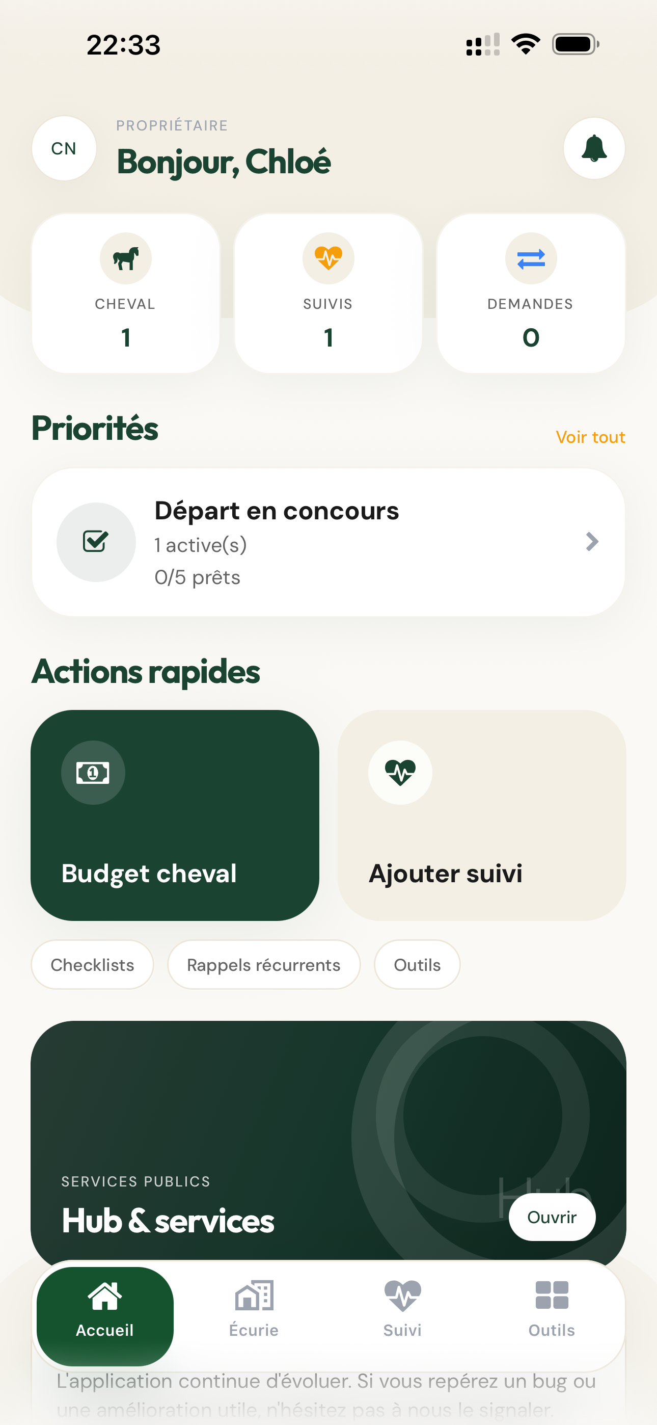 Écran d’accueil propriétaire de Glys Companion